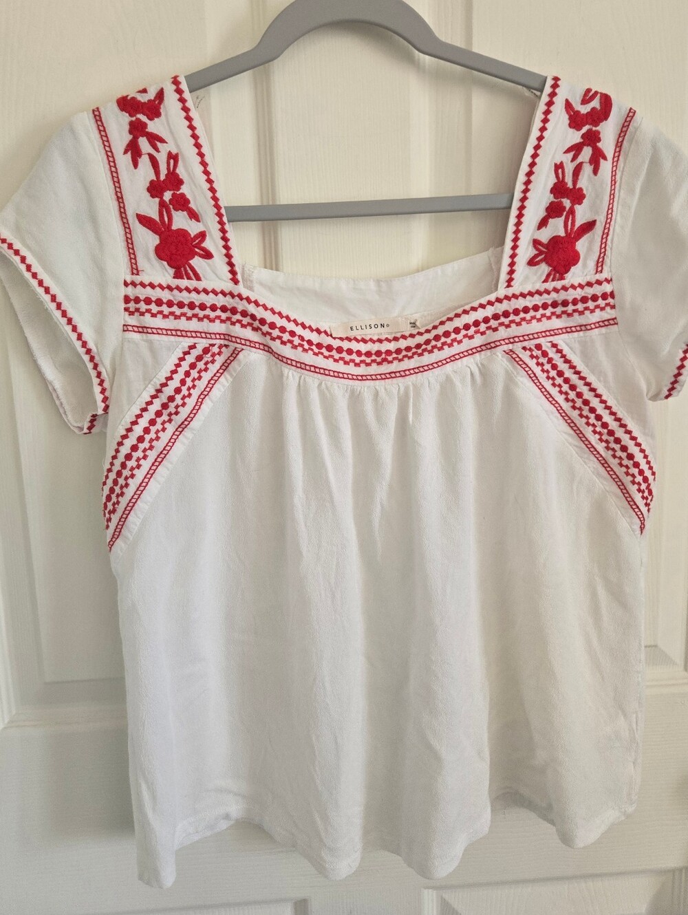SOLD Ellison White Short-Sleeve Square-Neck Top with Red Embroidery